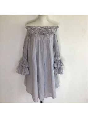 ASNA Women Elegant Slate Blue White Striped Off-Shoulder Ruffle Mini Dress M